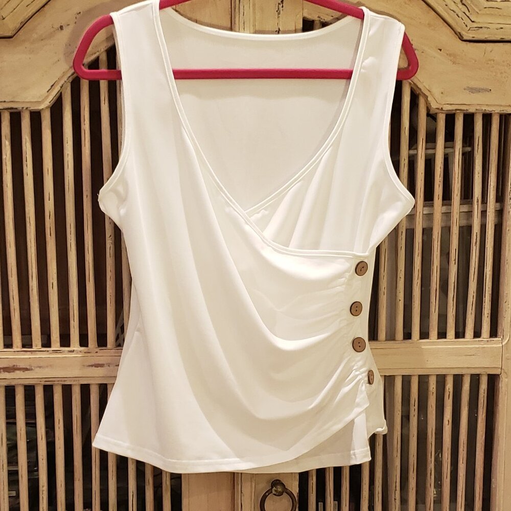 White Cross Over Stretch Blouse with Side Buttons
